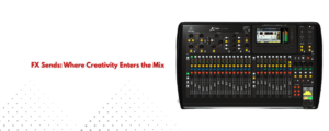 Digital audio mixer with FX send controls and display screen.