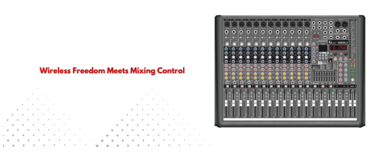 Top view of an audio mixer used to balance and process multiple sound sources. 