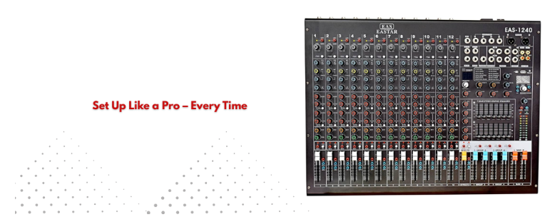 Audio mixer with multiple channels, gain knobs, and output meters. 