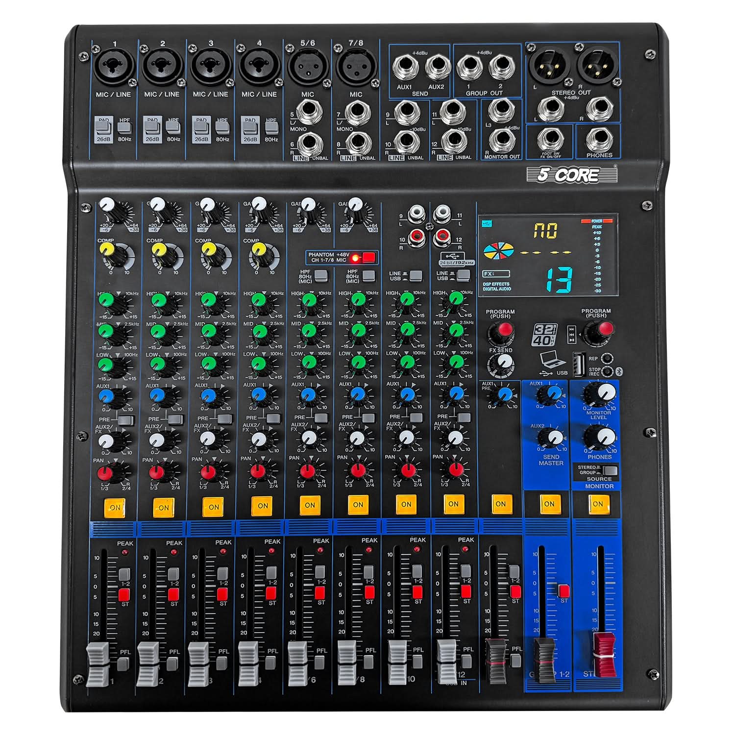 5Core Audio DJ Mixer 12 Channel Sound Board Console w 99 DSP Effect 48V Phantom Power