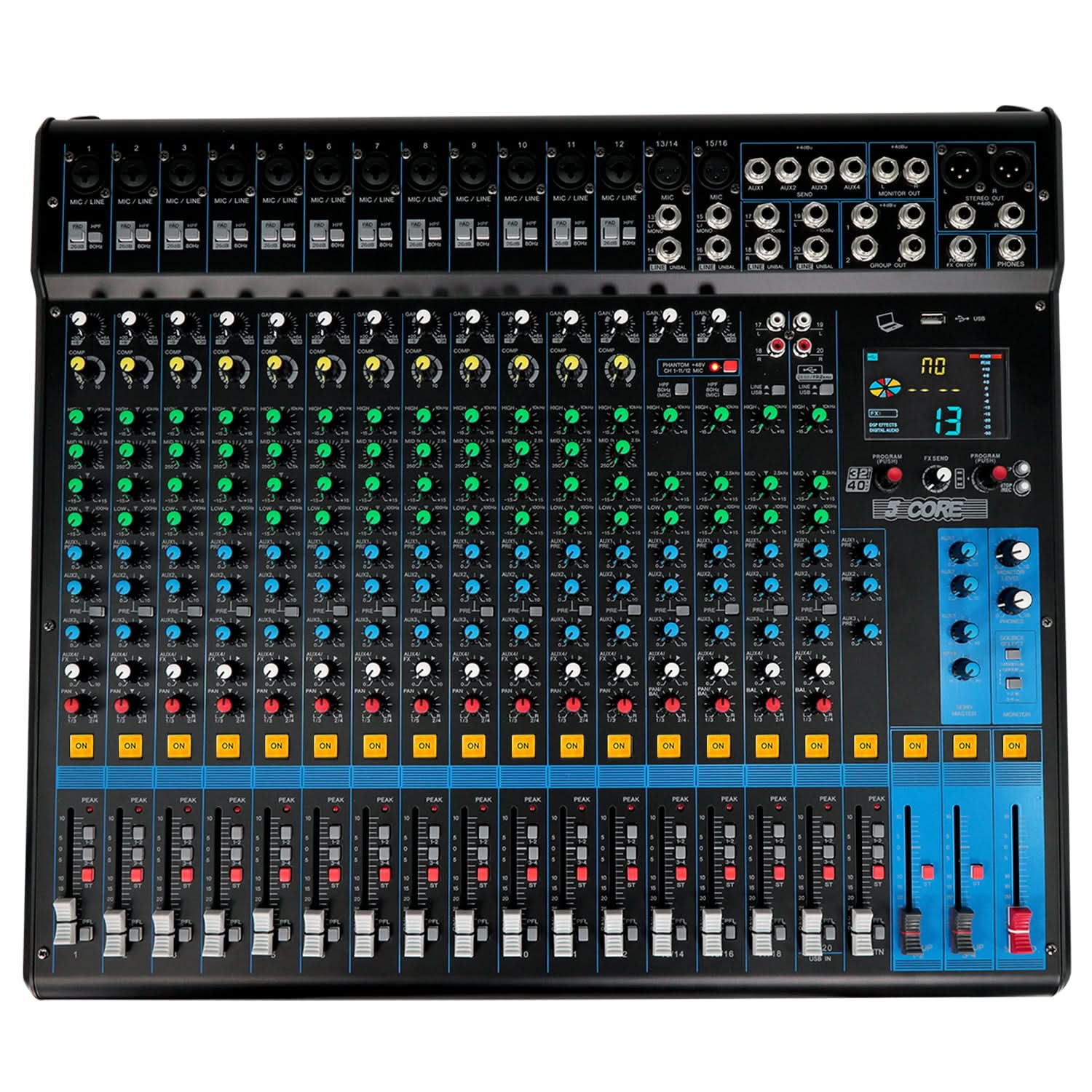 5 Core Audio Mixer 20 Channel DJ Soundboard USB Interface Bluetooth Mixing Console w 24 SPX Effect